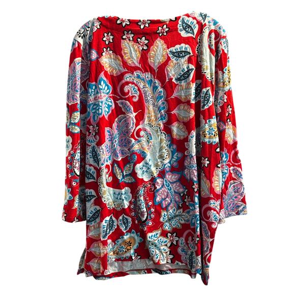 Talbots Red Paisley Tunic Top With Neckline Appliqué Details XL Boho Preppy - Picture 9 of 11